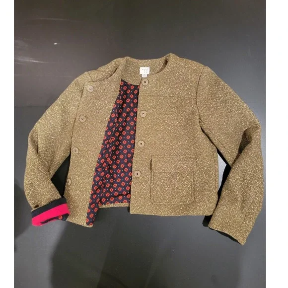 A New Day Gold Metallic Tweed Cropped Jacket Womens 2 Olive Green Shimmer Button - Picture 5 of 7